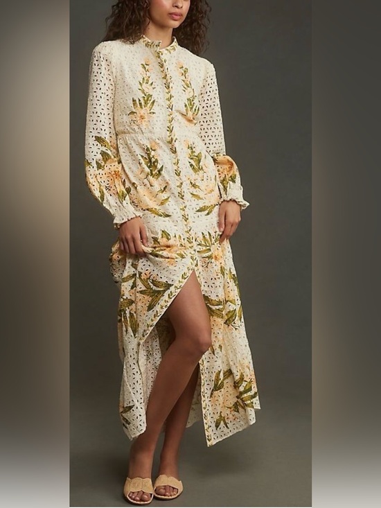 Anthropologie Dresses & Skirts - NWT Farm Rio Long Sleeve Cream Peach Floral Eyelet Maxi Dress Size L